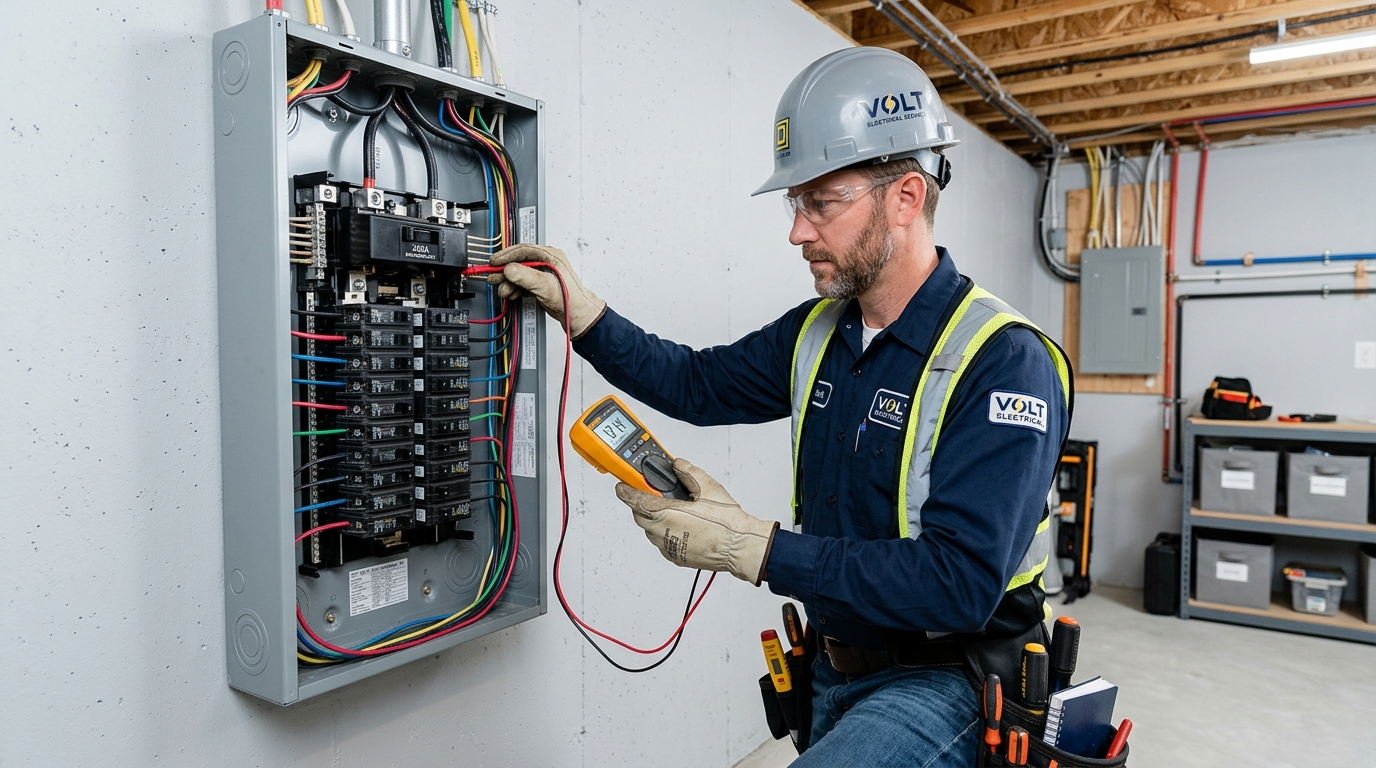 Ohms Electrical Inc. licensed electrician inspecting a 200 amp electrical panel upgrade in a Ajax home